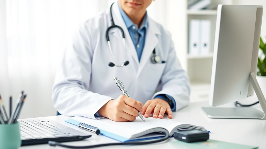 Doctor in white coat writing medical documentation at desk with stethoscope and computer, professional healthcare setting