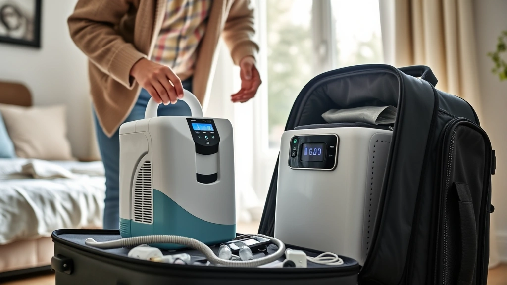 Person packing medical oxygen concentrator and portable equipment into luggage in bright bedroom with natural window light