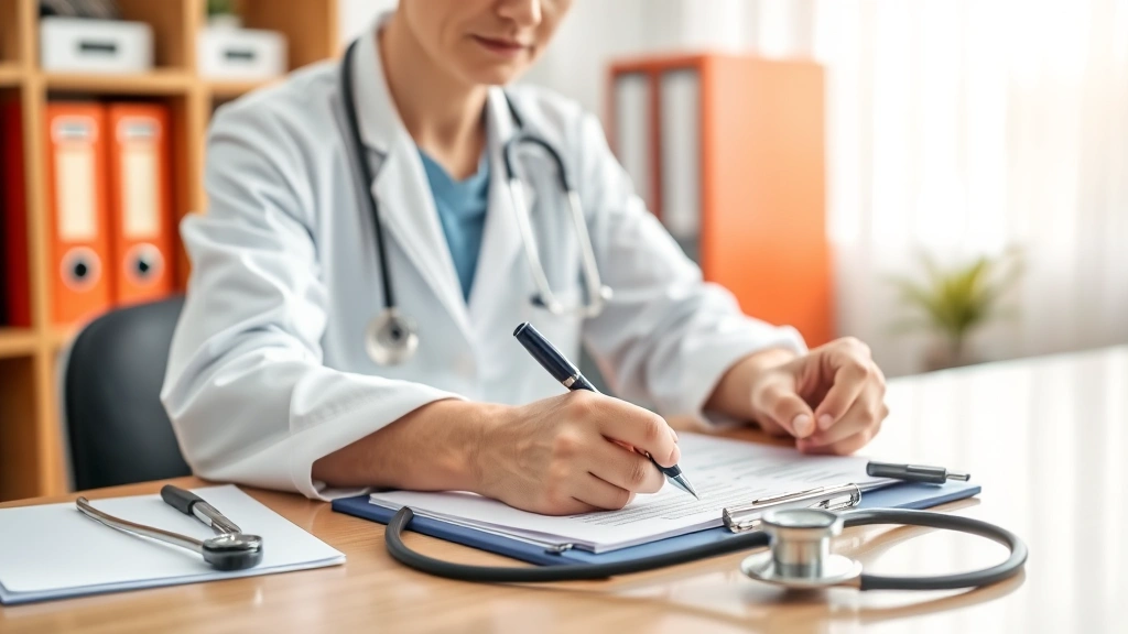 Healthcare provider writing medical documentation at desk with stethoscope and patient file visible professional office setti