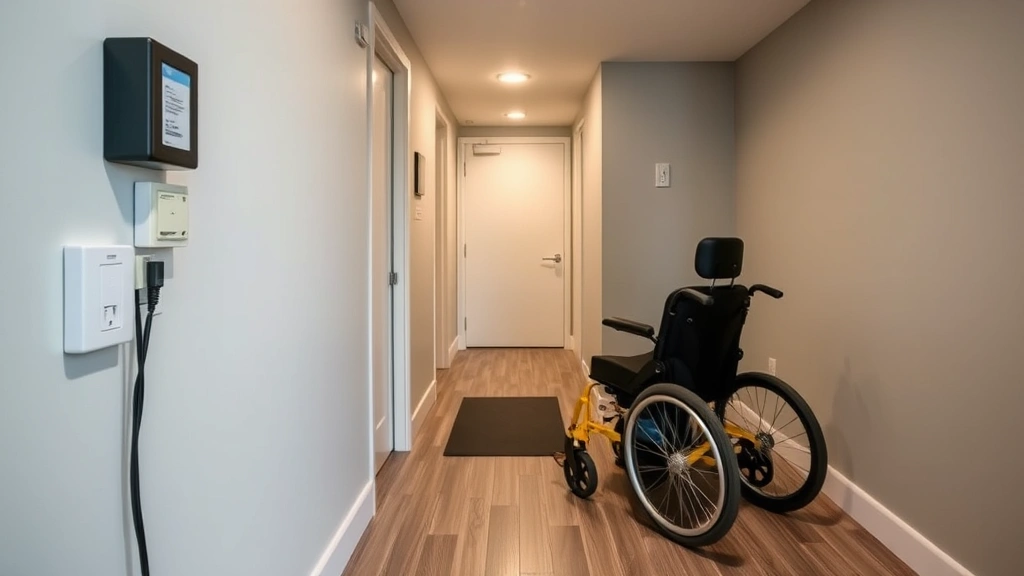 Accessible apartment with properly installed electrical outlets and clear pathways for mobility equipment wheelchair accessib