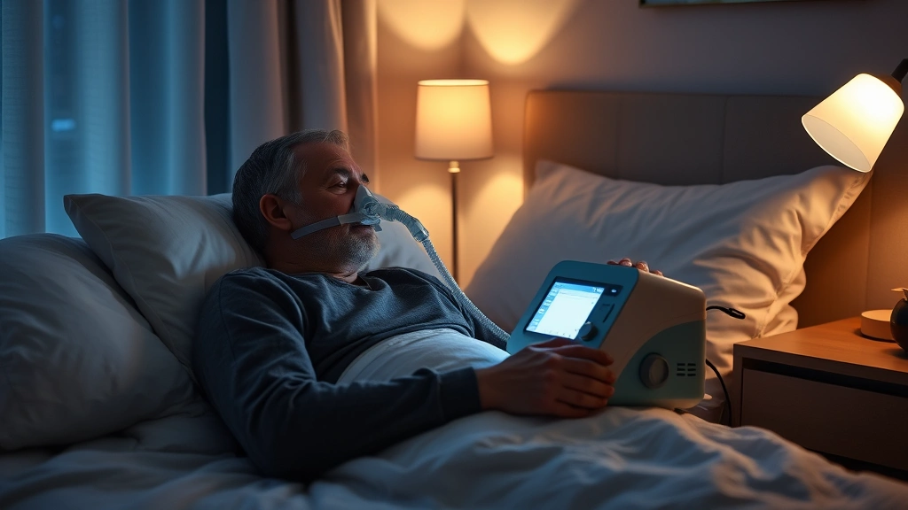 Patient using CPAP machine at night in bedroom with soft lighting, peaceful sleeping environment