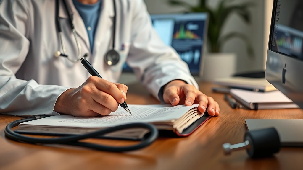 Healthcare provider writing medical documentation at desk with stethoscope and computer visible