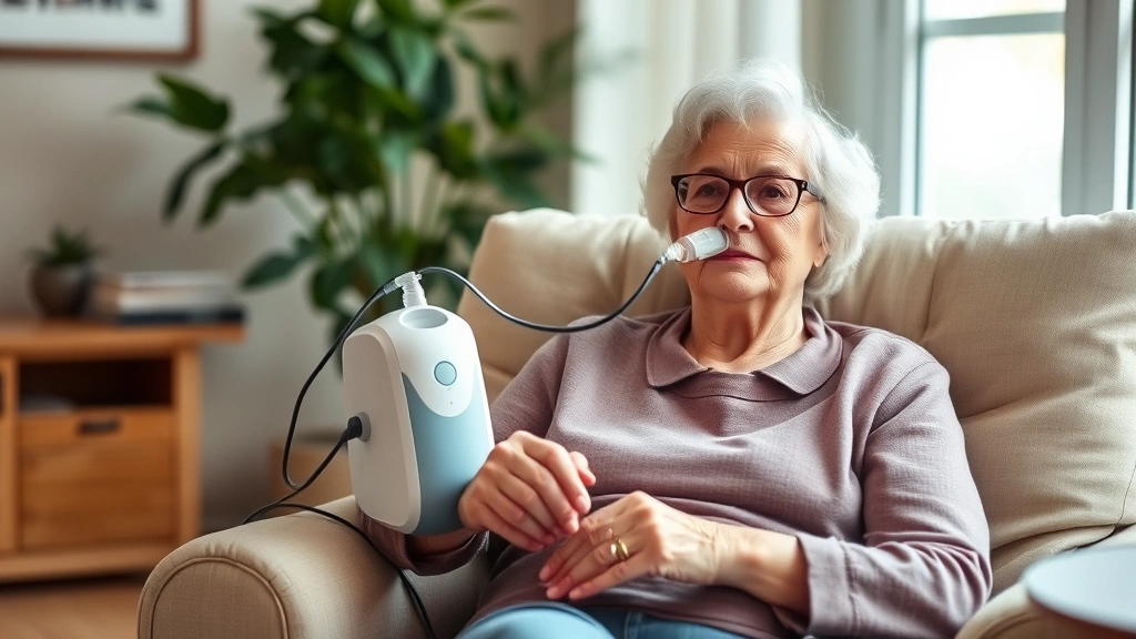 Senior woman with portable oxygen concentrator sitting comfortably in living room chair
