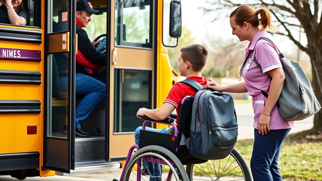 Young student with wheelchair and backpack getting on school bus with nurse assistant supervising outdoor daytime scene