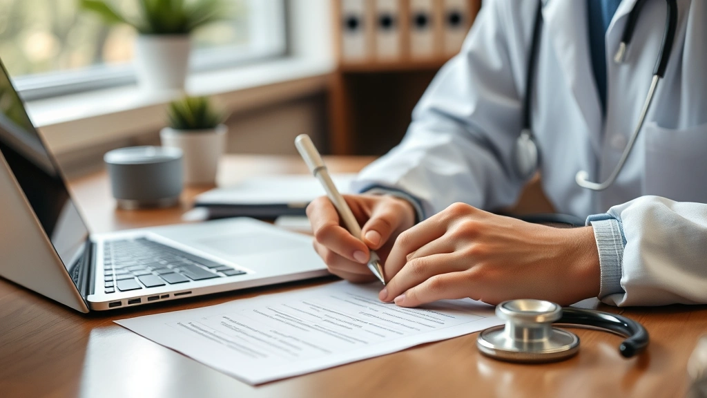 Close up of healthcare provider writing medical documentation at desk with stethoscope and laptop visible professional office