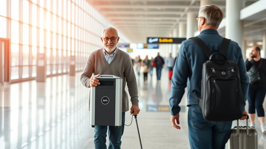 Person with portable oxygen concentrator walking through modern airport terminal with confidence and clarity