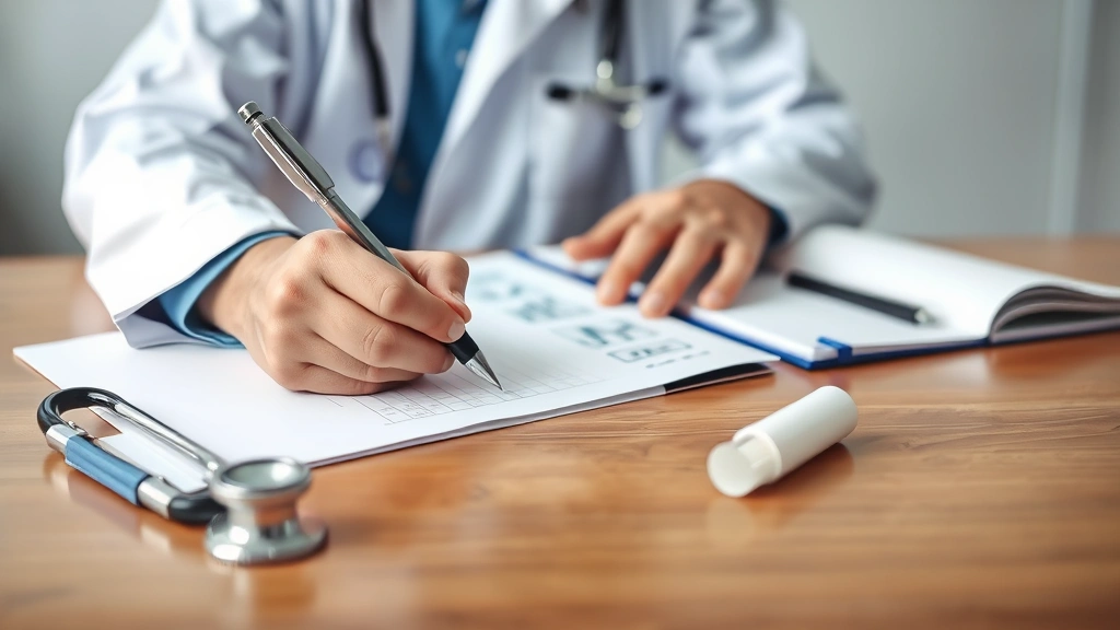 Healthcare provider writing medical documentation at desk with stethoscope and prescription pad nearby