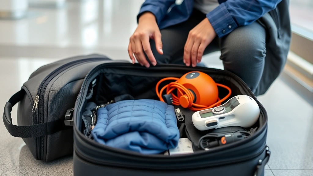 Traveler packing medical equipment carefully in carry-on bag before airport journey