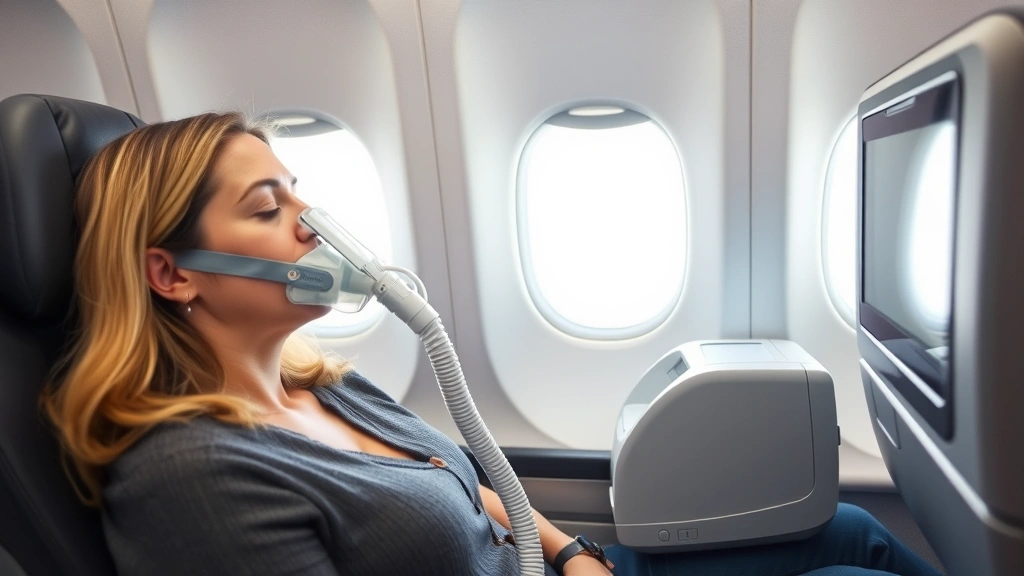 Woman using CPAP machine peacefully in airplane cabin with window seat, relaxed expression, modern aircraft interior, soft ca