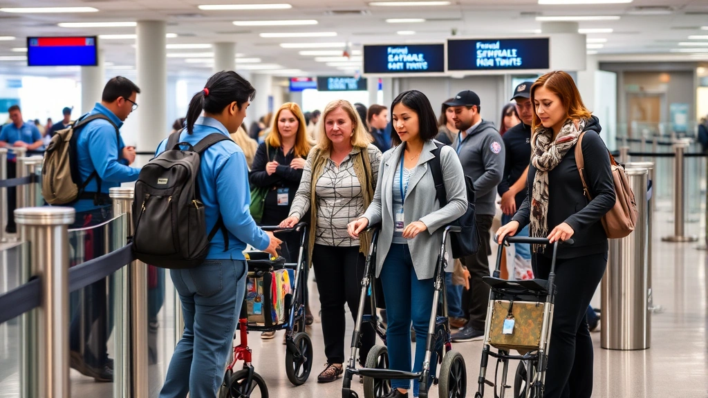 Diverse travelers at airport security checkpoint with mobility aids, TSA agent assisting, calm professional environment, clea