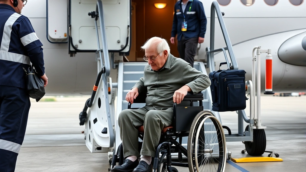 Senior passenger in wheelchair being assisted onto aircraft by airline staff, accessible boarding bridge, professional medica