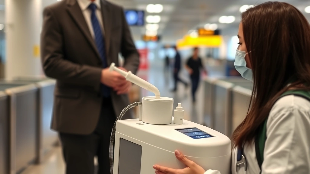 Person with oxygen concentrator at airport security checkpoint, healthcare professional assisting, calm professional environm