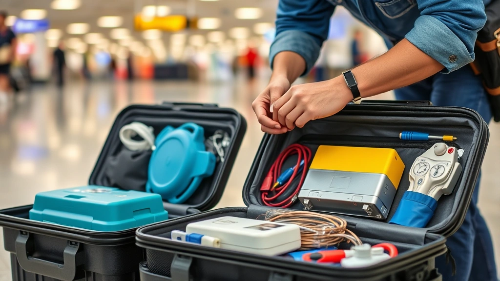 Traveler packing medical equipment carefully in protective cases, organized luggage, medical devices visible, airport backgro