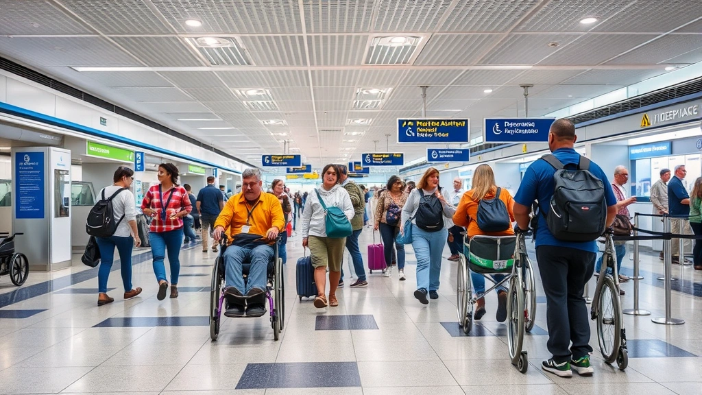 International airport departure area, diverse travelers with mobility aids and medical equipment, clear signage, accessible f