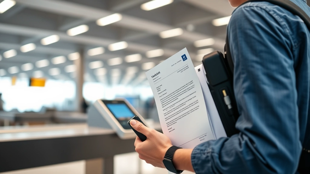 Person at airport security checkpoint with portable medical device and doctor's letter, professional healthcare documentation
