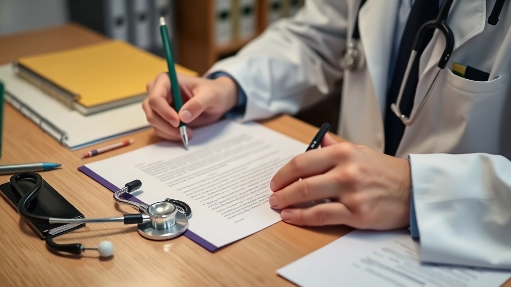Doctor writing medical travel letter at desk with stethoscope and medical records, official letterhead visible