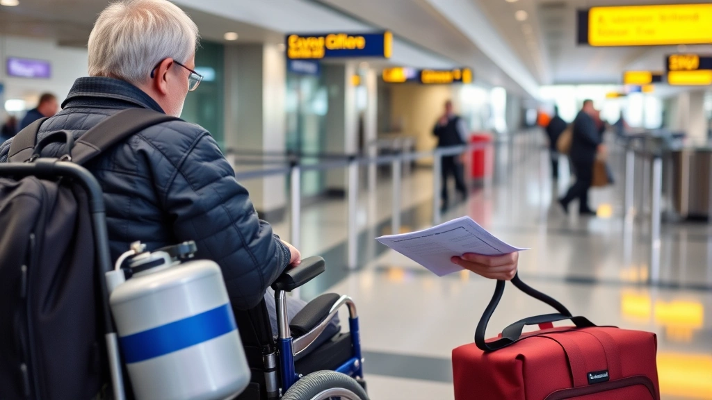 Traveler with mobility equipment and oxygen tank at airport gate, TSA agent reviewing medical documentation
