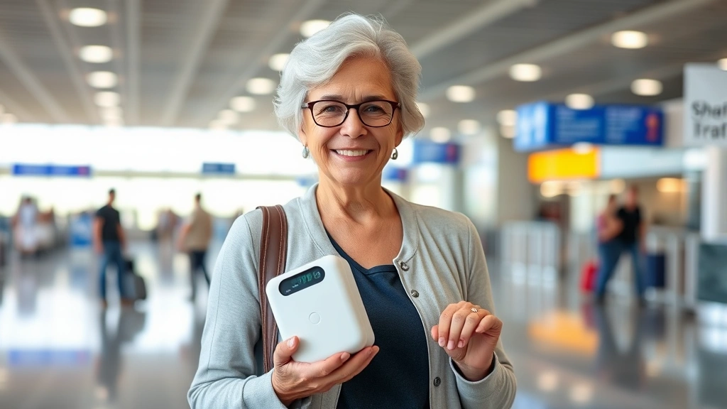 Middle aged woman holding oxygen concentrator portable device smiling at airport terminal with luggage in background