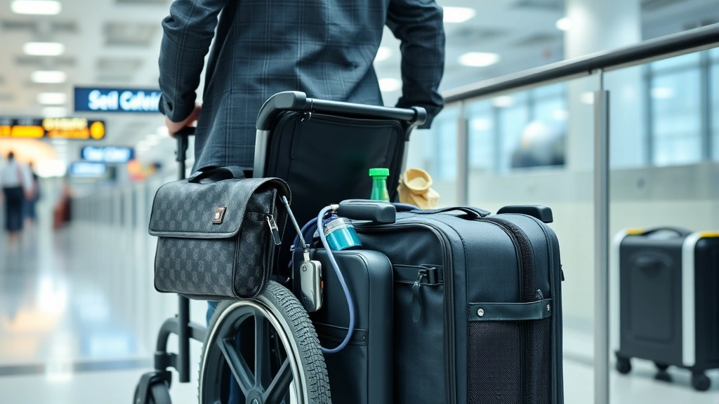 Diverse business traveler with mobility device and medical equipment organized in carry on bag at airport security checkpoint
