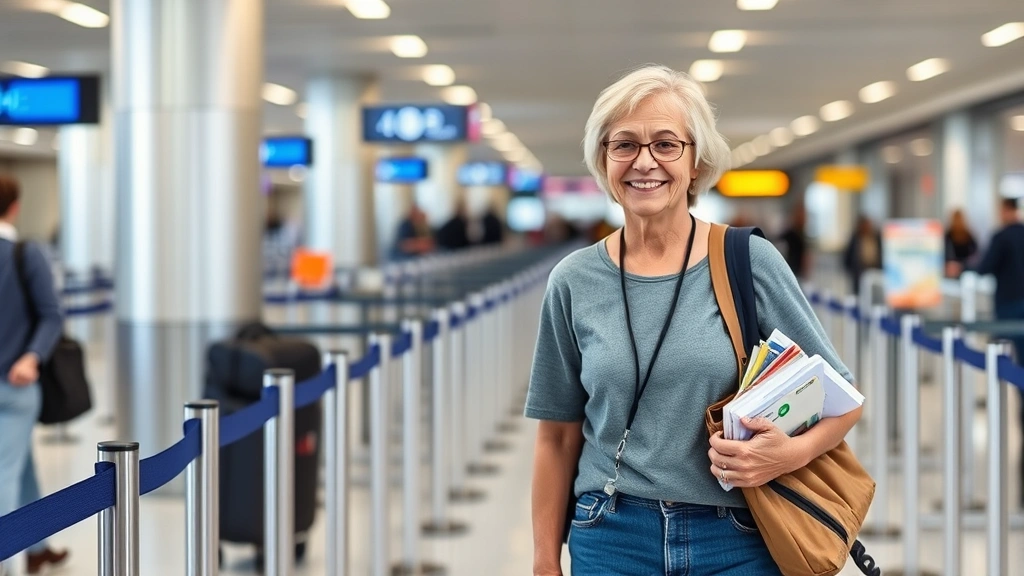 Happy mature patient with insulin pump and medical supplies confidently walking through airport security line with travel doc