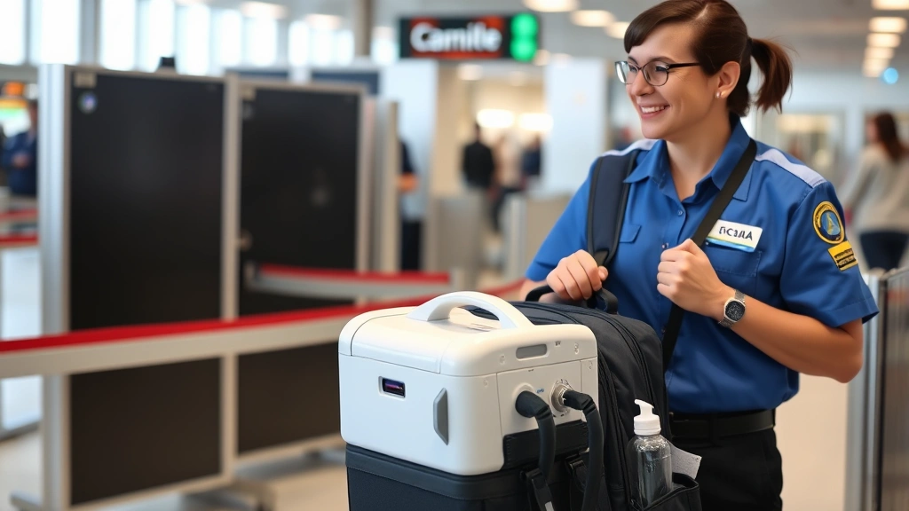 Person at airport security checkpoint with portable medical oxygen concentrator in carry-on bag, TSA agent smiling