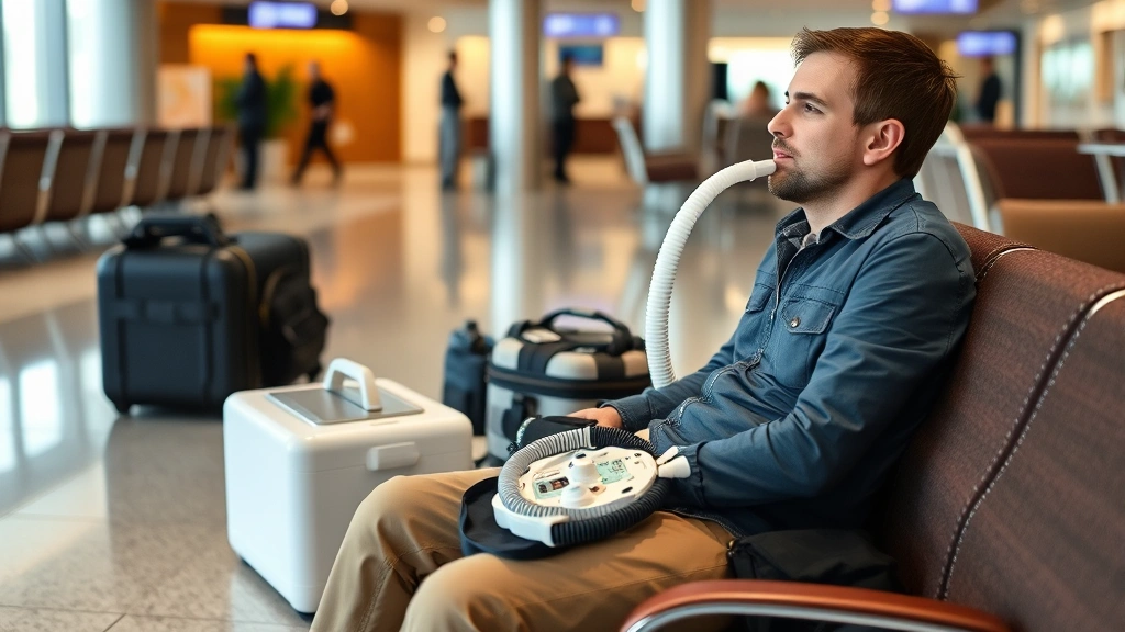 Traveler with CPAP machine and medical equipment organized neatly in airport lounge, calm and prepared