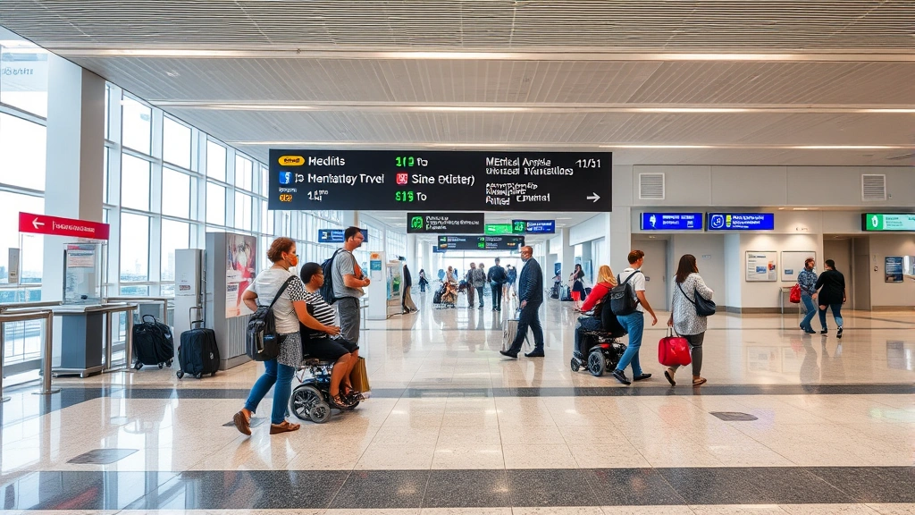 International airport customs area with medical travel documentation letter visible, diverse travelers with mobility devices