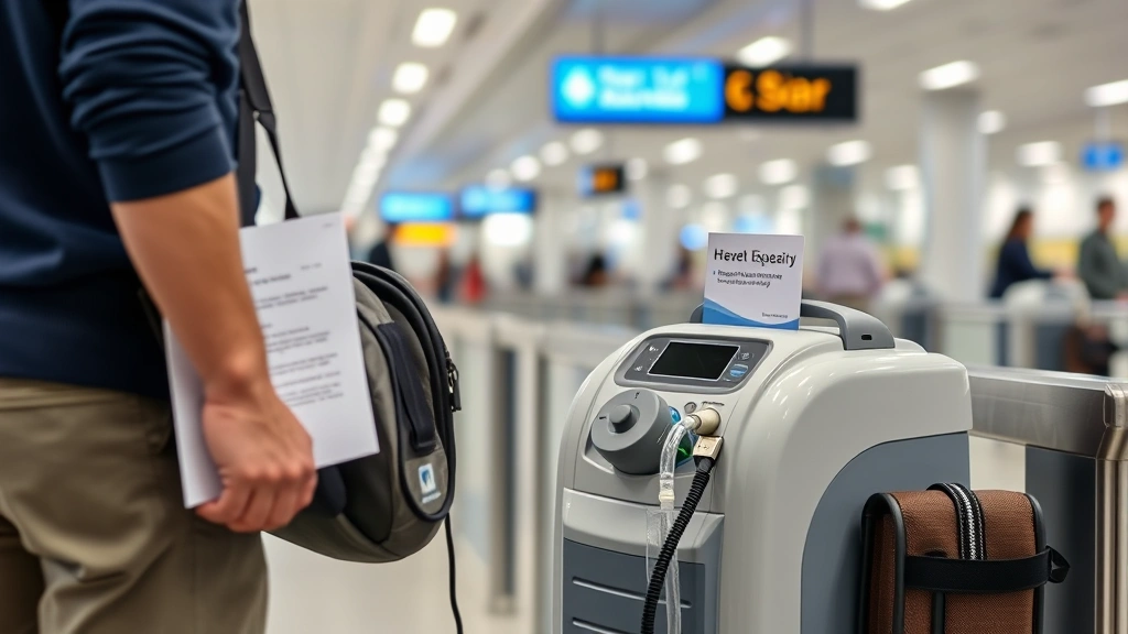Person at airport security checkpoint with oxygen concentrator and medical equipment travel letter, professional healthcare d