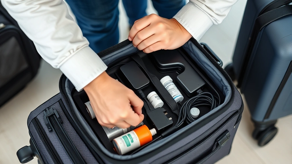 Traveler packing medical equipment into protective carrying case with chargers and medications organized in carry-on luggage