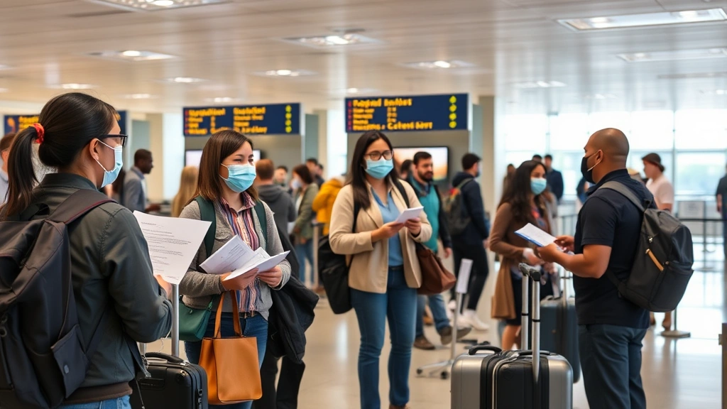 International airport customs area with diverse travelers presenting medical documentation and equipment to officials at bord
