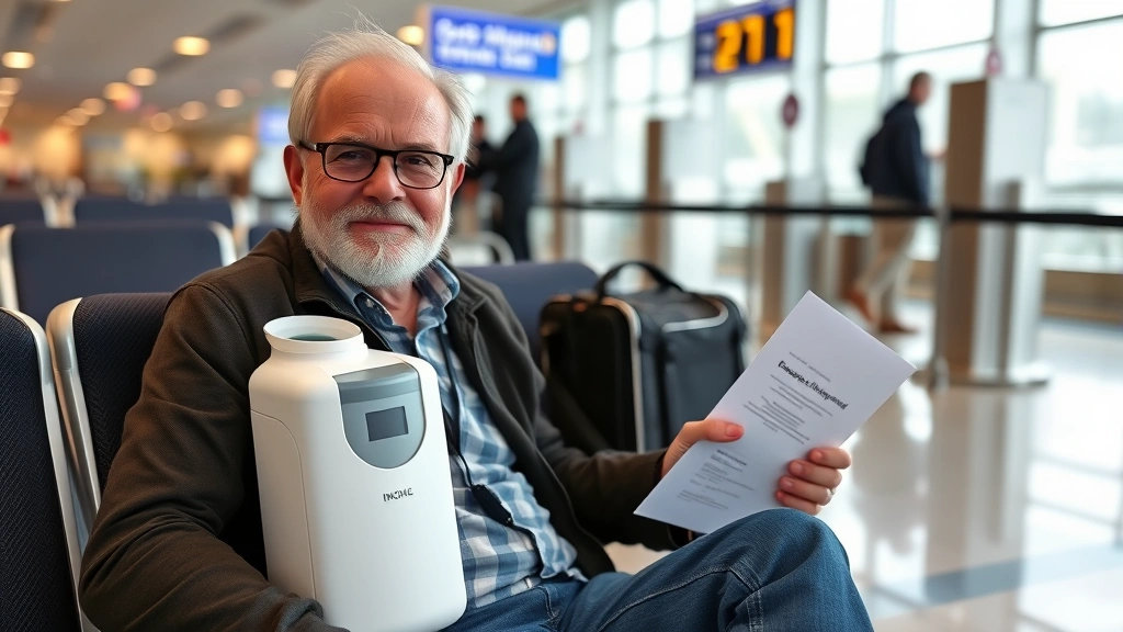 Person with oxygen concentrator sitting confidently at airport gate holding travel documents