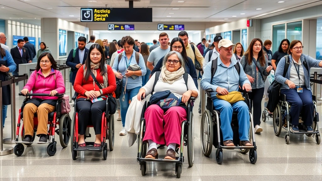 Diverse group of travelers with various mobility aids and medical equipment at security checkpoint