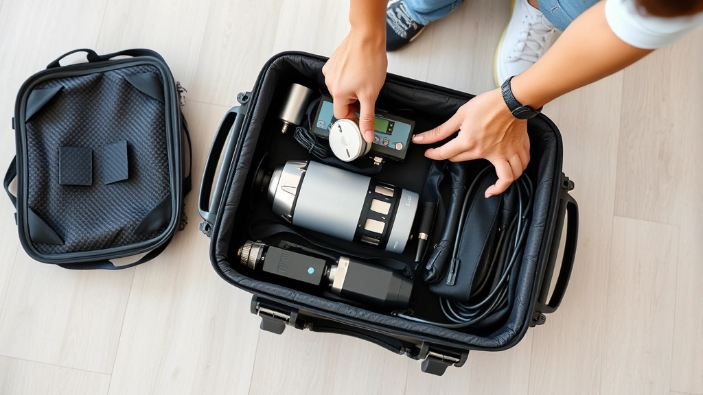 Person packing medical equipment carefully into protective travel case with organized supplies and chargers on light backgrou