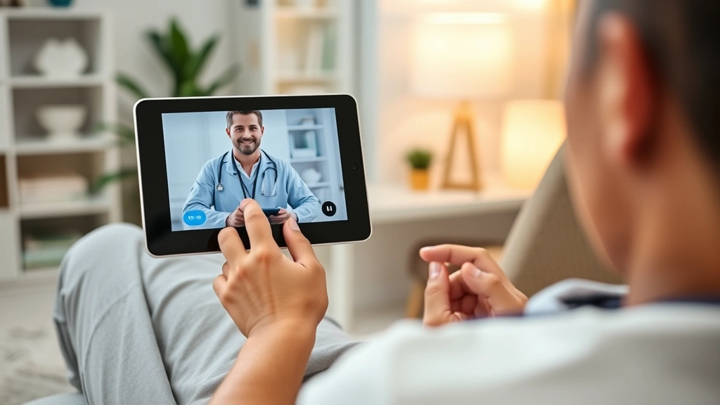 Healthcare provider video consultation on tablet with patient holding medical device in comfortable home setting with warm li