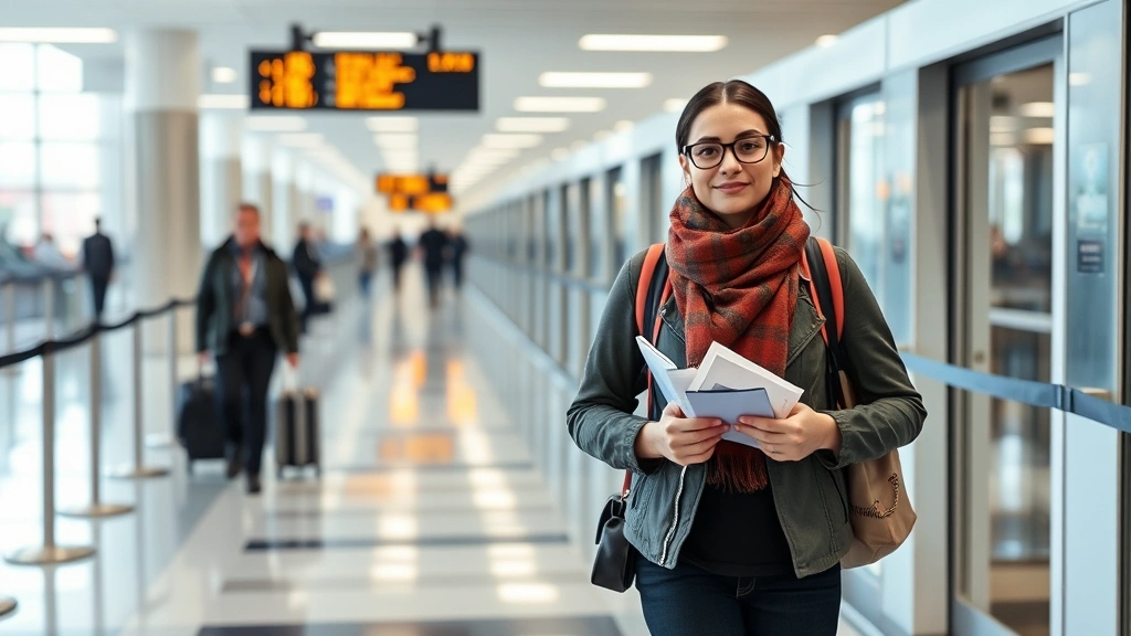 Traveler confidently walking through airport security checkpoint with medical equipment documentation and calm professional a
