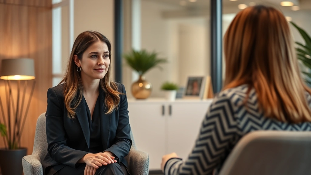 A calm professional woman in business attire sitting in a modern office with a supportive therapist, warm lighting, both focu