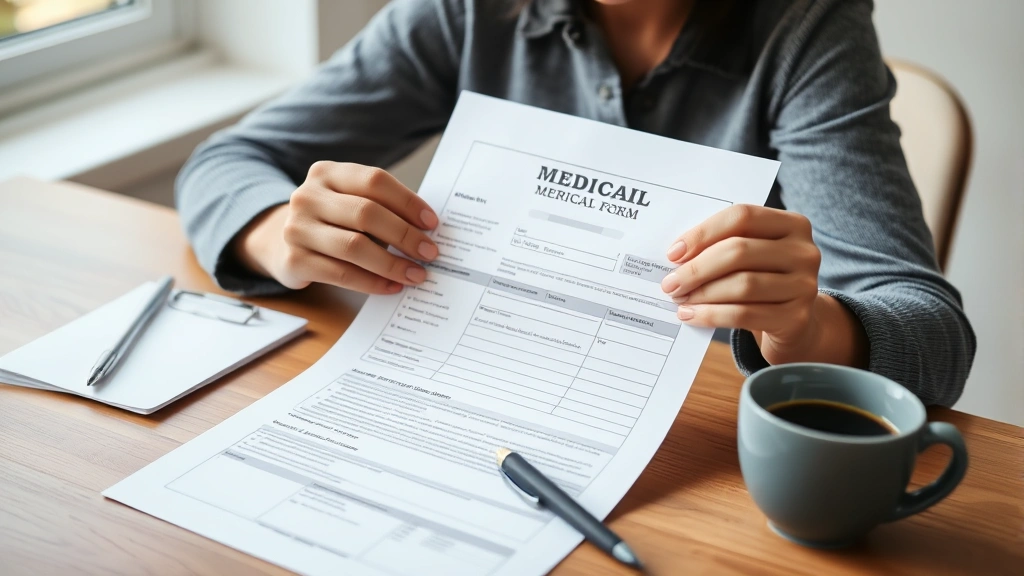 A person with visible relief expression holding a completed medical form on a wooden desk with pen and coffee cup, natural da