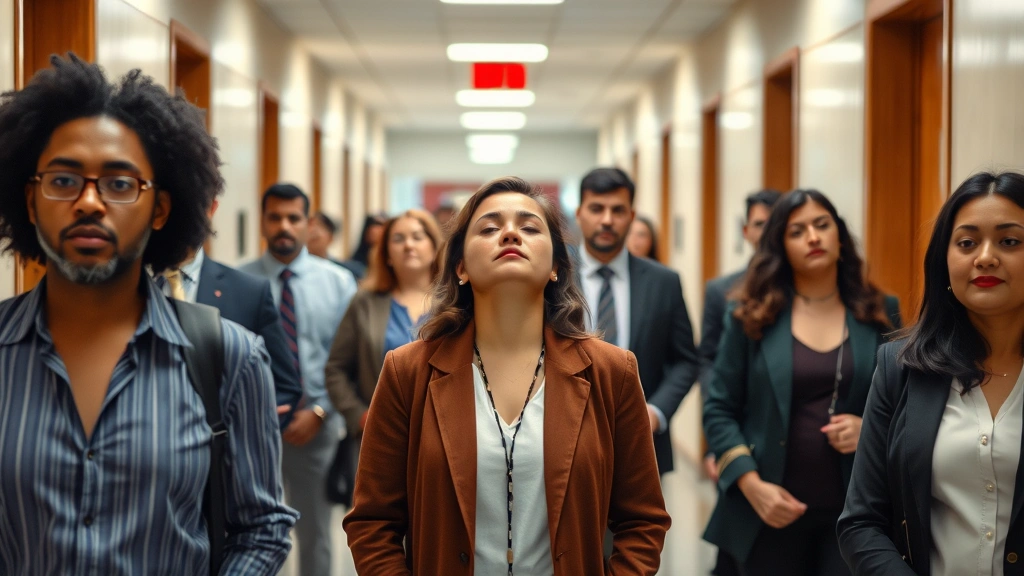 A diverse group of people in a courthouse hallway, some standing calmly, one person appearing relaxed with closed eyes, profe