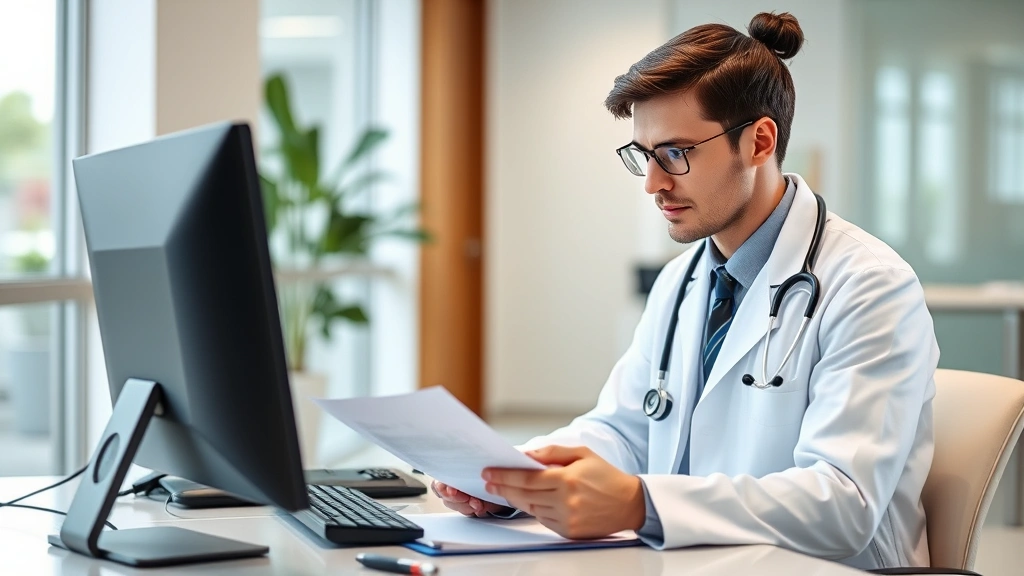 Professional healthcare provider in white coat reviewing medical documents at desk with stethoscope and computer in modern cl