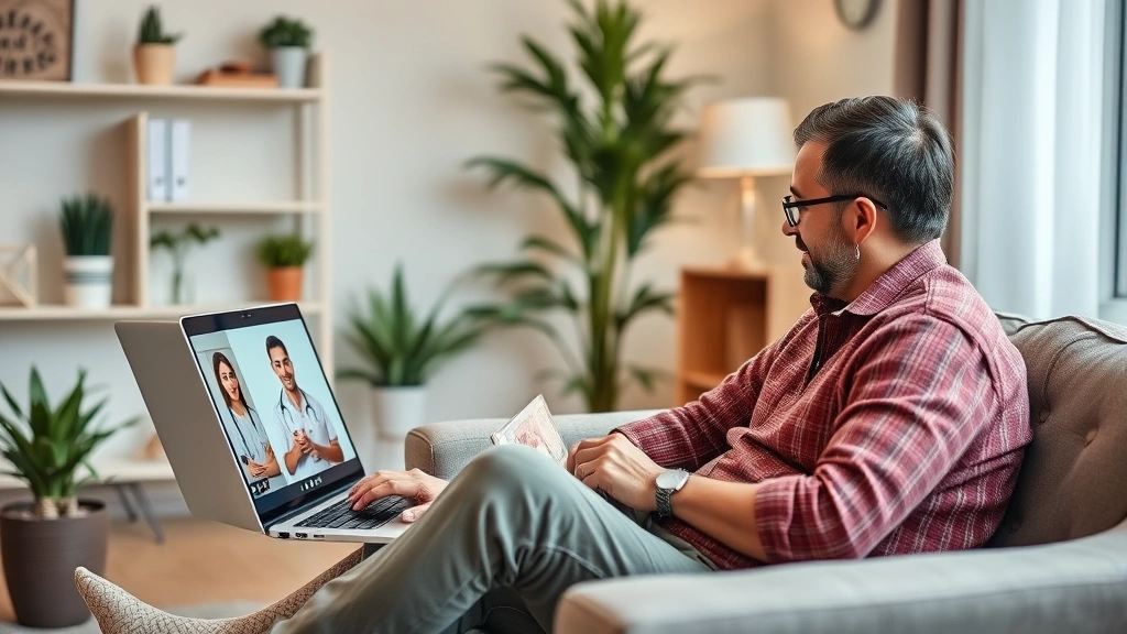 Diverse adult sitting in comfortable home office environment using laptop for telehealth video consultation with healthcare p