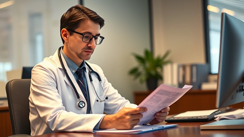 Healthcare provider in white coat reviewing medical documents at desk, professional office setting, warm lighting, focused ex