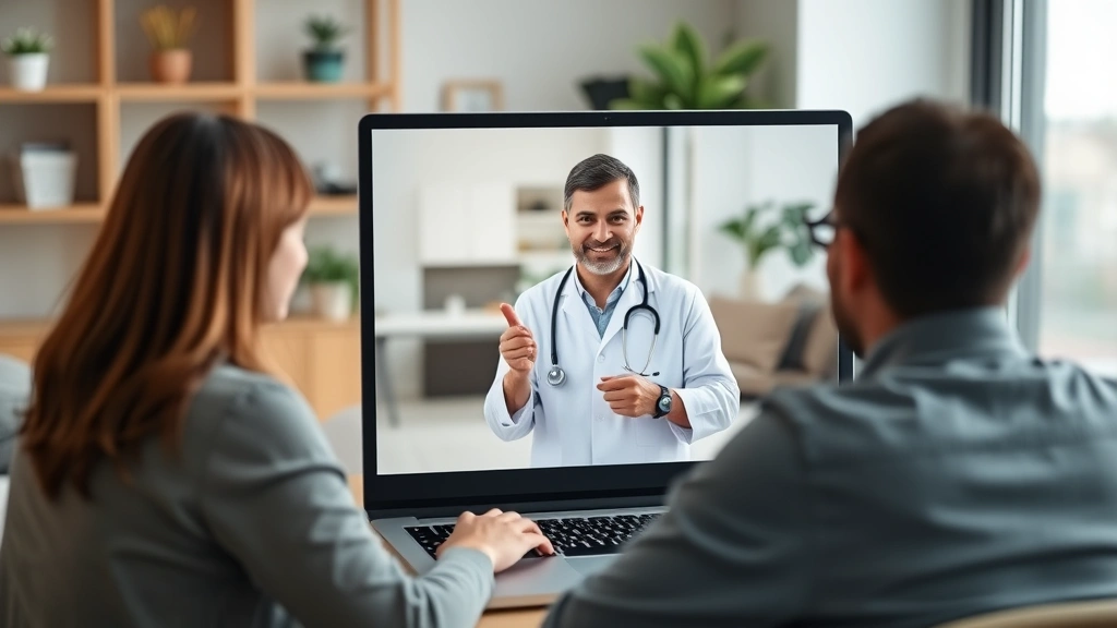 Patient video call with doctor on laptop screen, home office background, modern telehealth consultation, both parties visible