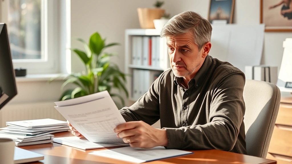 Person sitting at desk reviewing medical documents and bills with concerned expression, natural lighting from window, realist