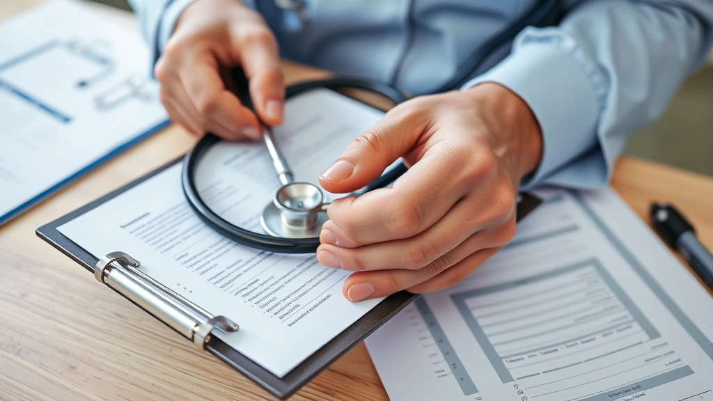 Close-up of hands holding stethoscope and clipboard with medical paperwork, healthcare professional workspace, professional m