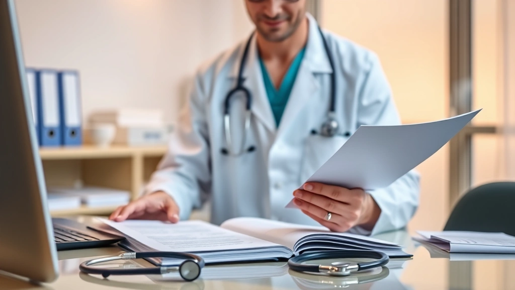 Healthcare provider in white coat reviewing medical documents at desk with stethoscope nearby, professional clinical setting