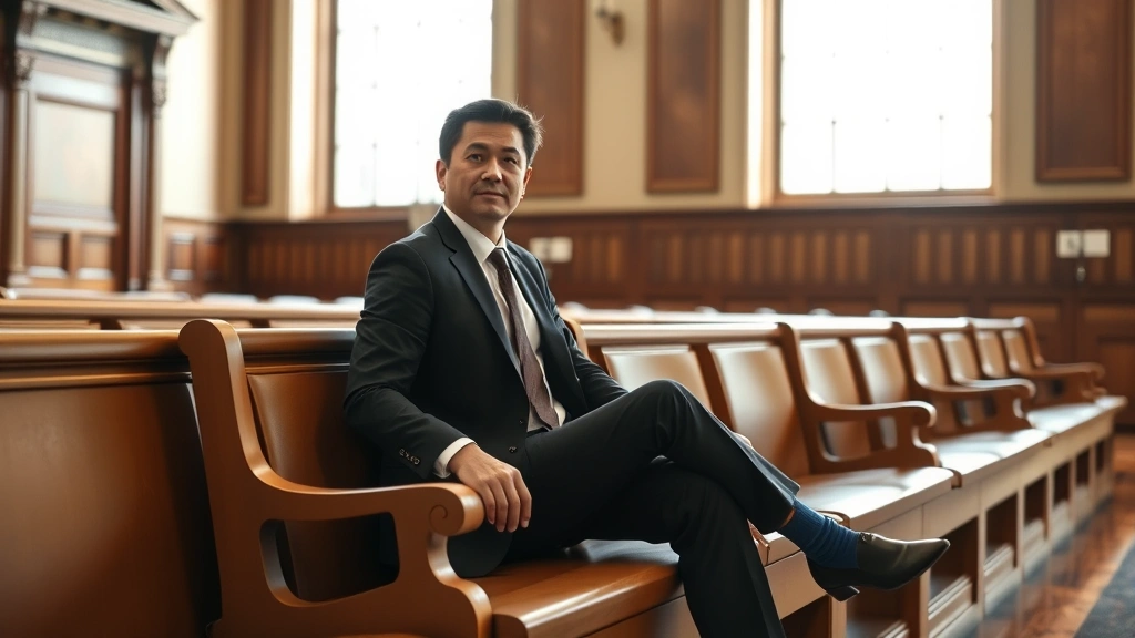 Person sitting in courtroom gallery bench, thoughtful expression, professional attire, natural courthouse lighting through wi