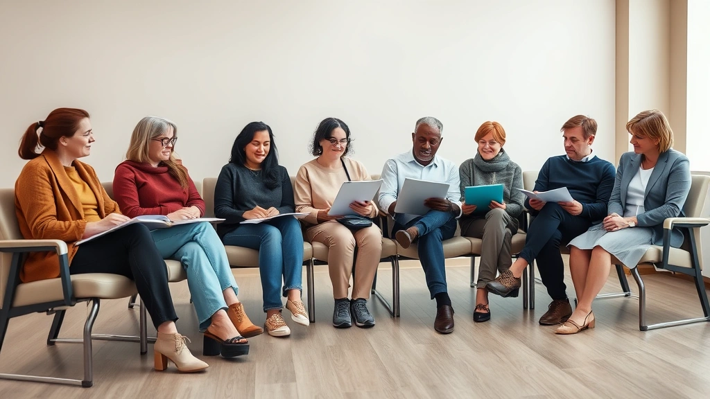 Diverse group of people in medical waiting room, various ages, sitting calmly with medical files, warm neutral tones, healthc