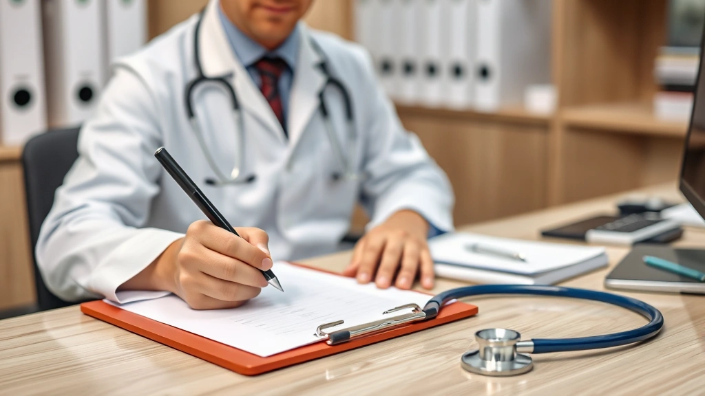 Healthcare provider writing on clipboard at desk with stethoscope nearby, professional medical office setting