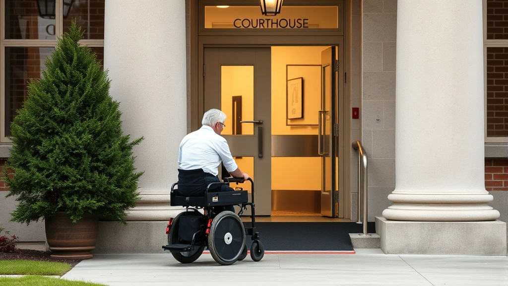 Person with mobility aid entering courthouse building, accessible entrance with ramp visible