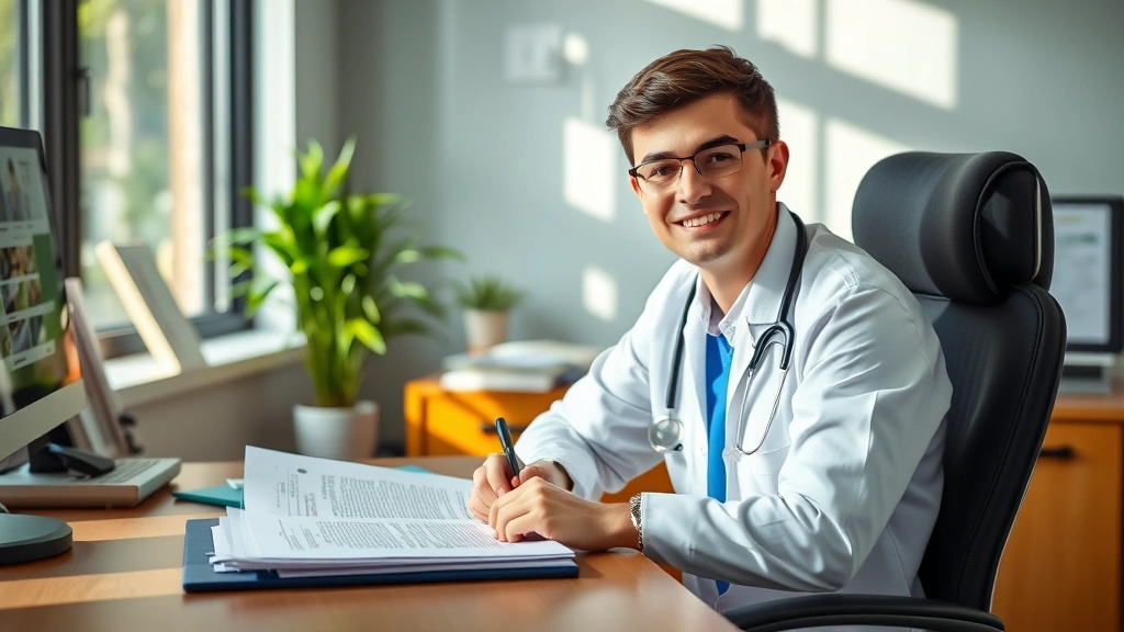 Student sitting at desk with healthcare provider letter, professional office setting, natural lighting, focused expression, o